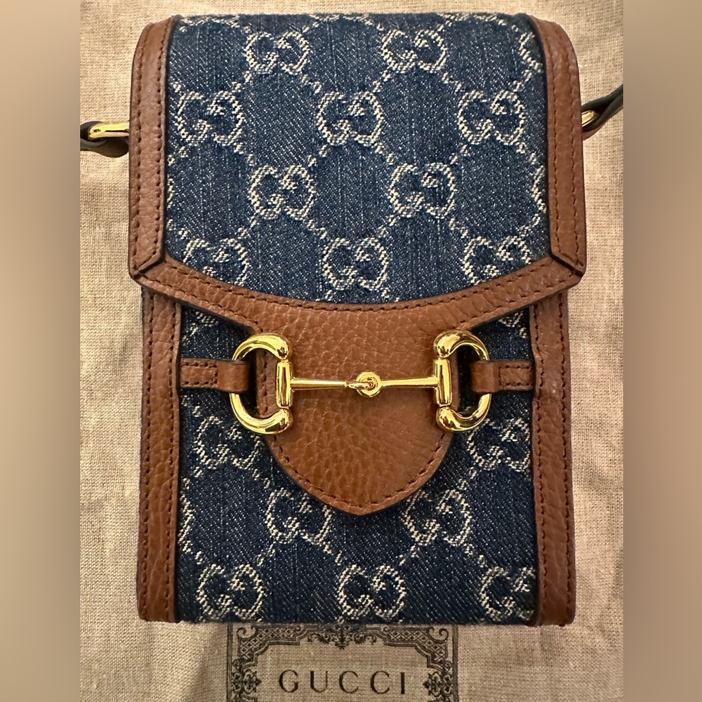 NWT Authentic Gucci Horsebit 1955 Mini Bag GG Denim & Brown Leather NWT